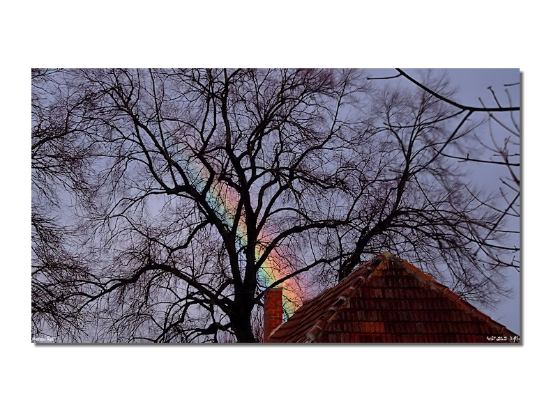 einsetzender regenbogen über dem dach